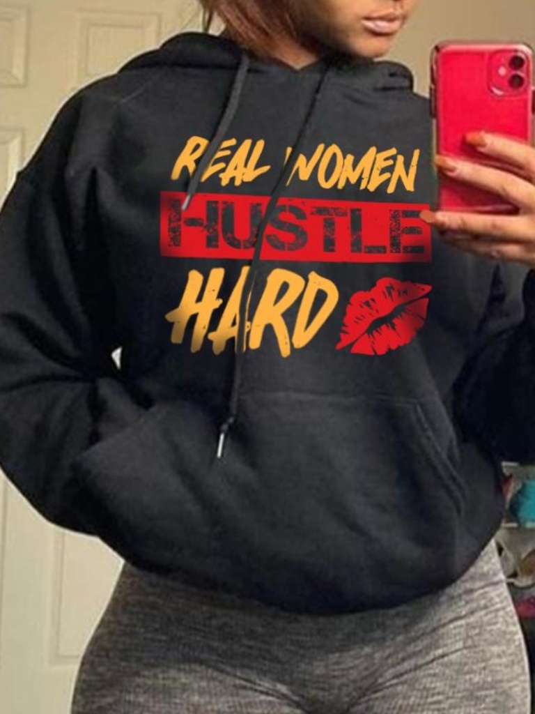 Hustle Hard Lip Letter Print Hoodie