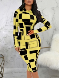 [HL22071442346] Geometric Print Patchwork Bodycon Dress